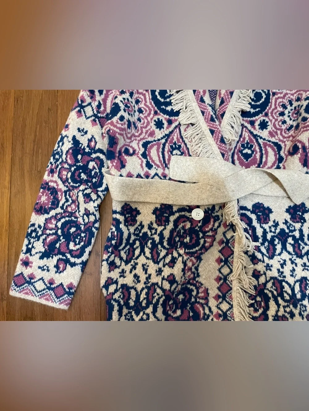 Hale Bob Sweater Jacket S Fringed HaisleyPink Blue Spectacular Cardigan